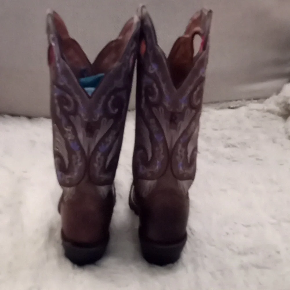 Tony Lama Deadstock Leather Purple Floral Tooled Western Cowboy Boot